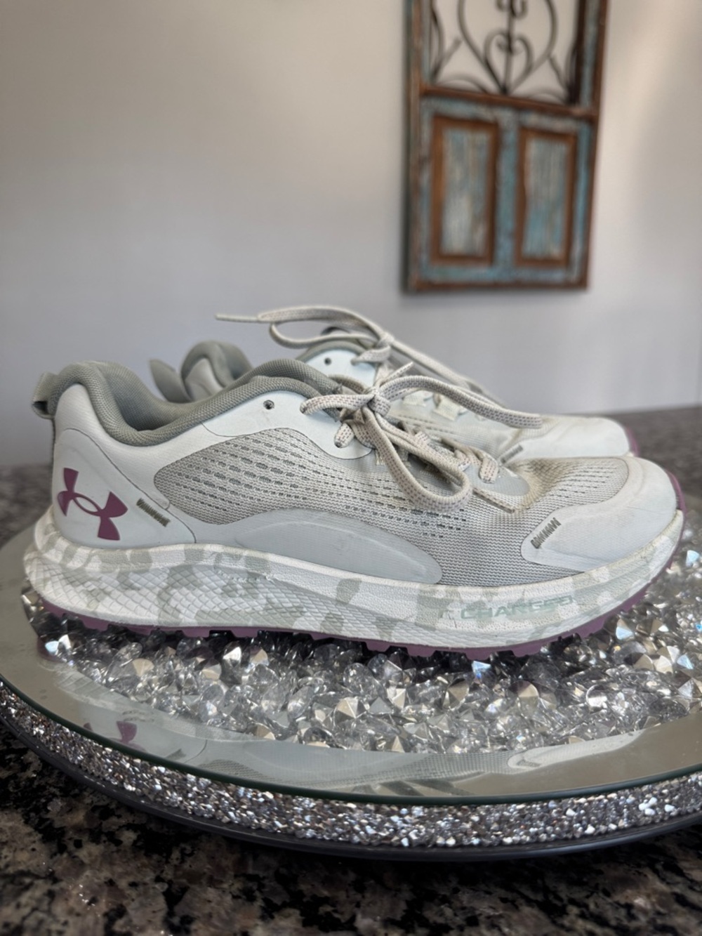Under Armour Charged Light Gray Trail Sneakers with Pink Logo EUC 8